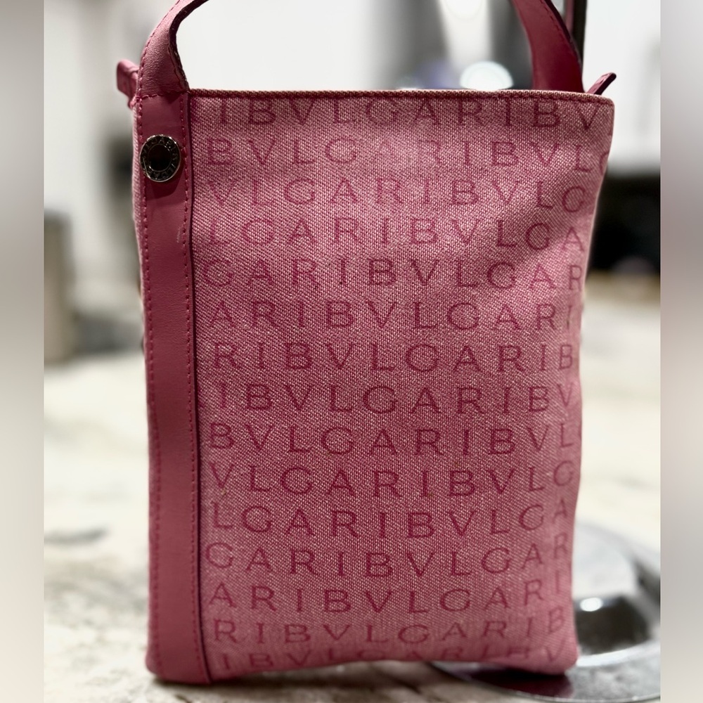 Bvlgari Authentic Pink Logomania Crossbody with Leather Trim/Canvas Body